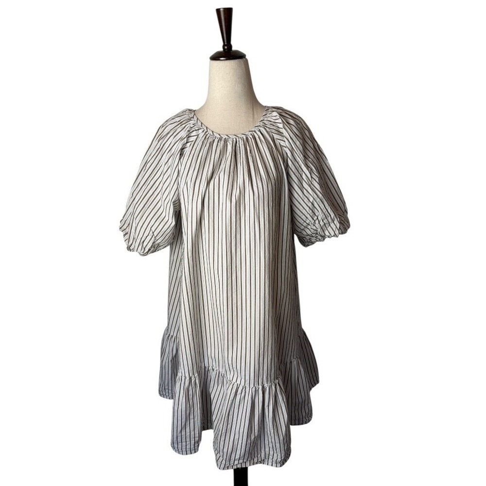 Minkpink Dress Women Small White Brown Striped Puff Sleeve Mini Ruffle Hem Boho